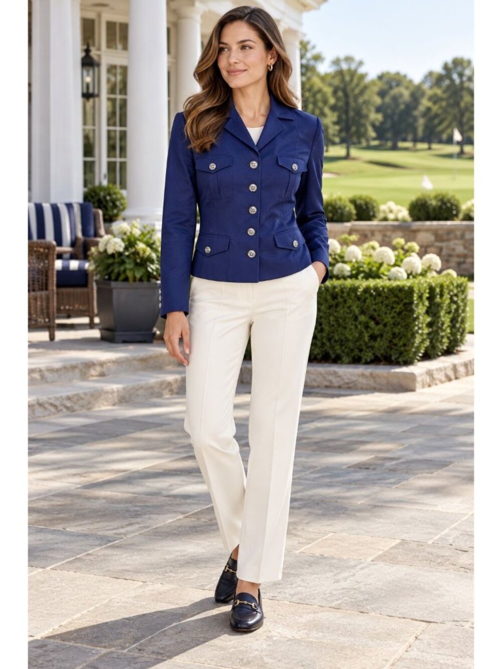 LAUREN Ralph Lauren Shelly Navy Cotton Silk Military Blazer Jacket Size 12